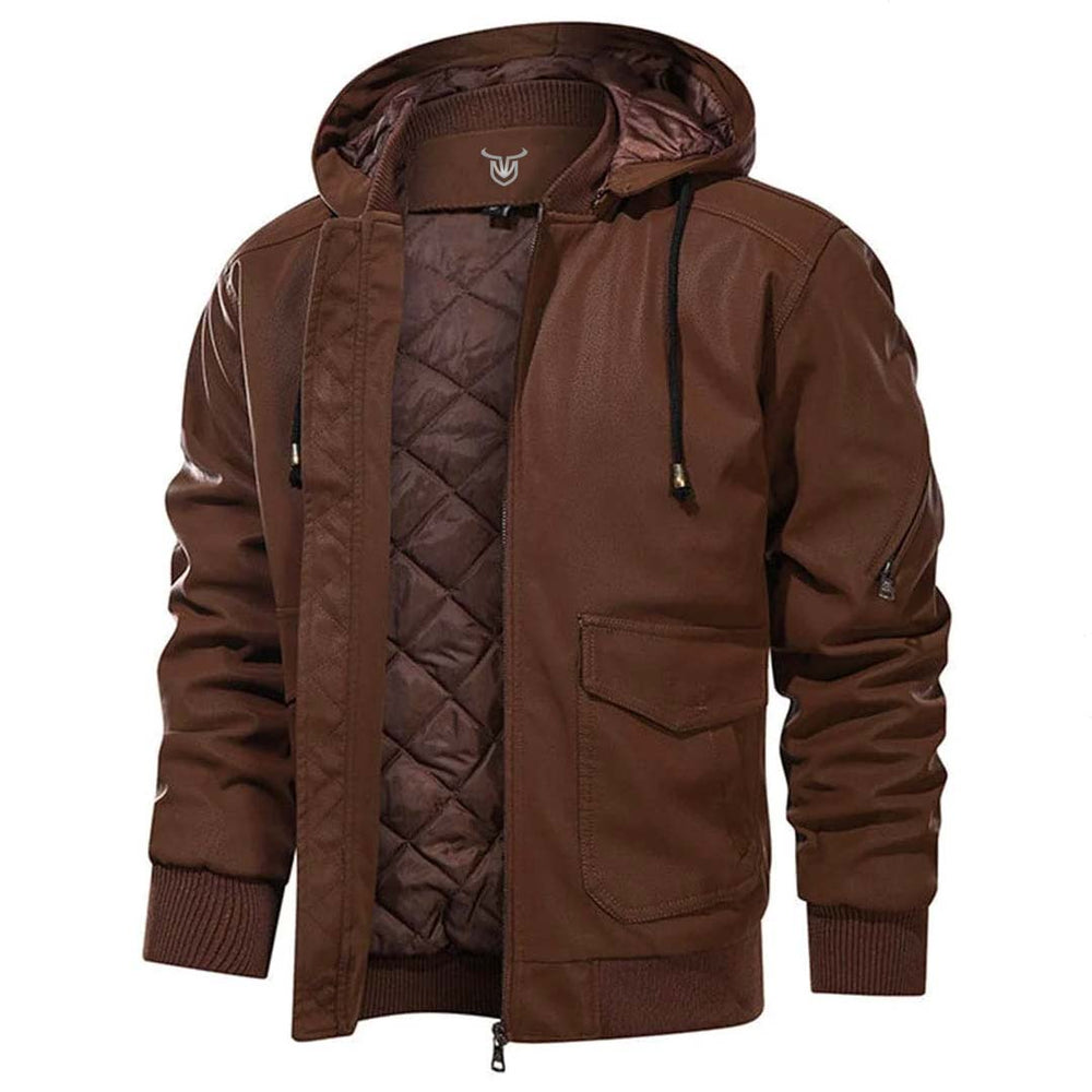 Men's hooded faux leather bomber jacket Highway in Brown – front view, open