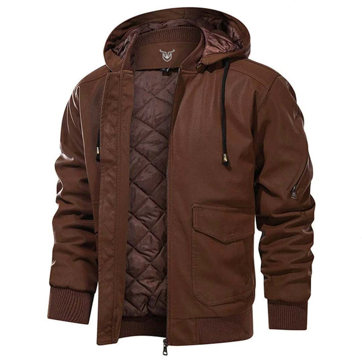 Men's hooded faux leather bomber jacket Highway in Brown – front view, open