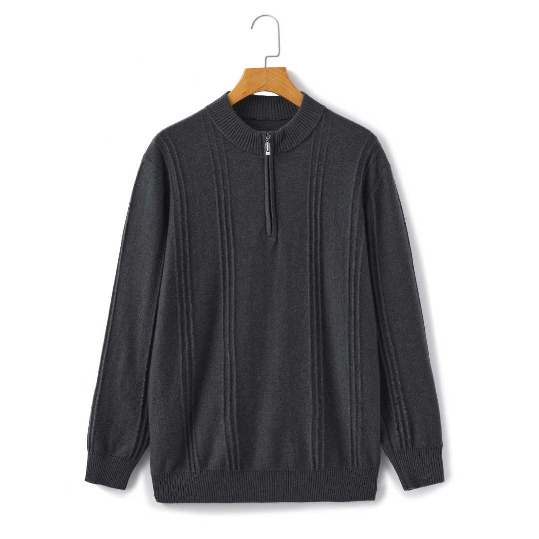 Men's ribbed half zip jumper Vittorio in Dark Grey – front view on hanger