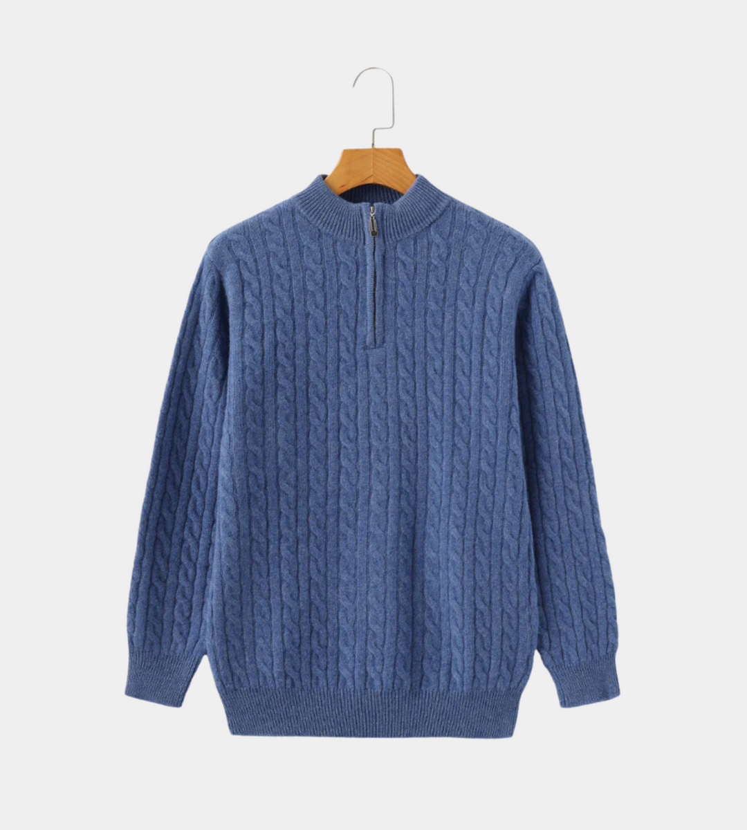 Men's blue cable knit quarter zip jumper – full front view
