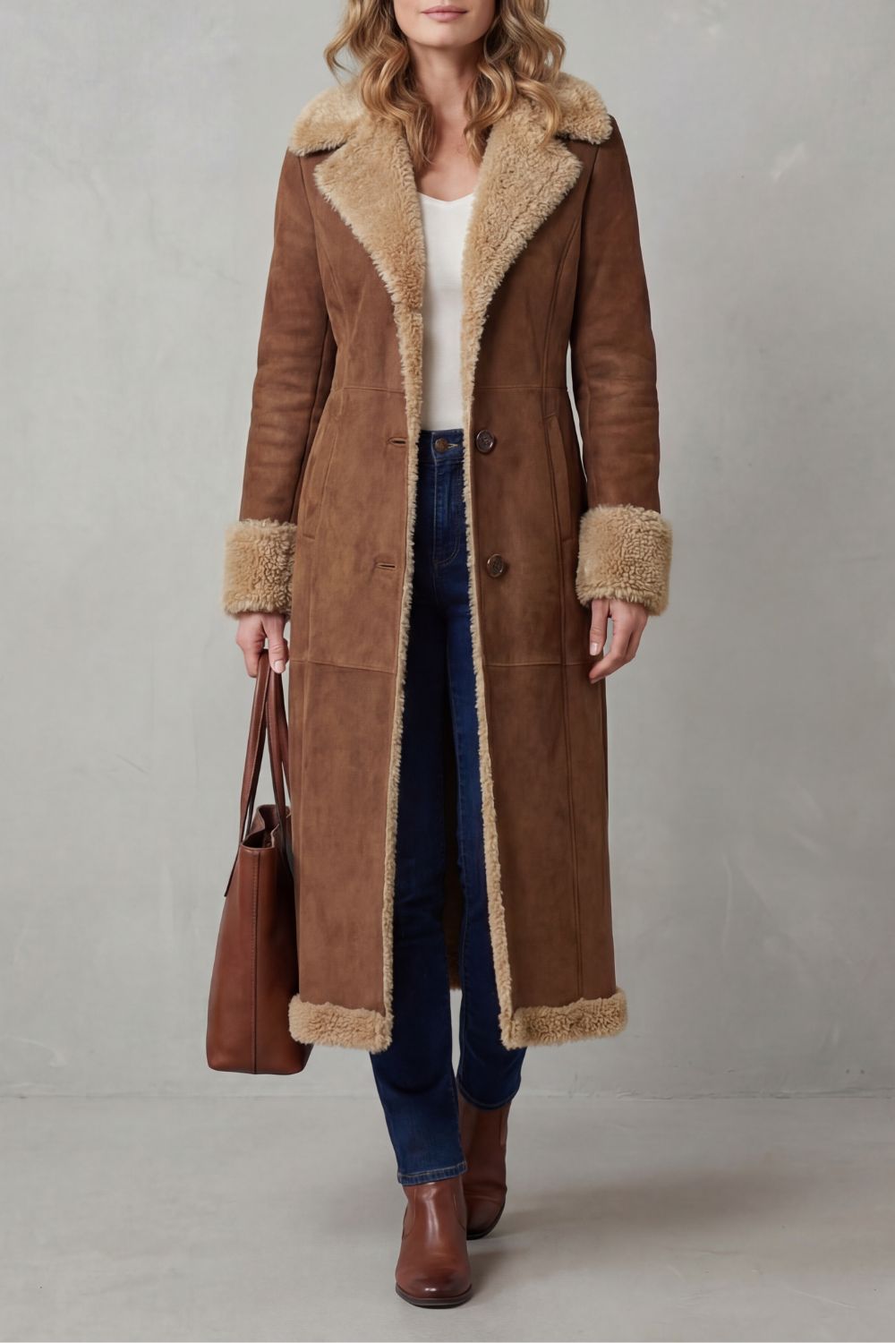 Women's Long Winter Coat with Shearling Lining – Rowan