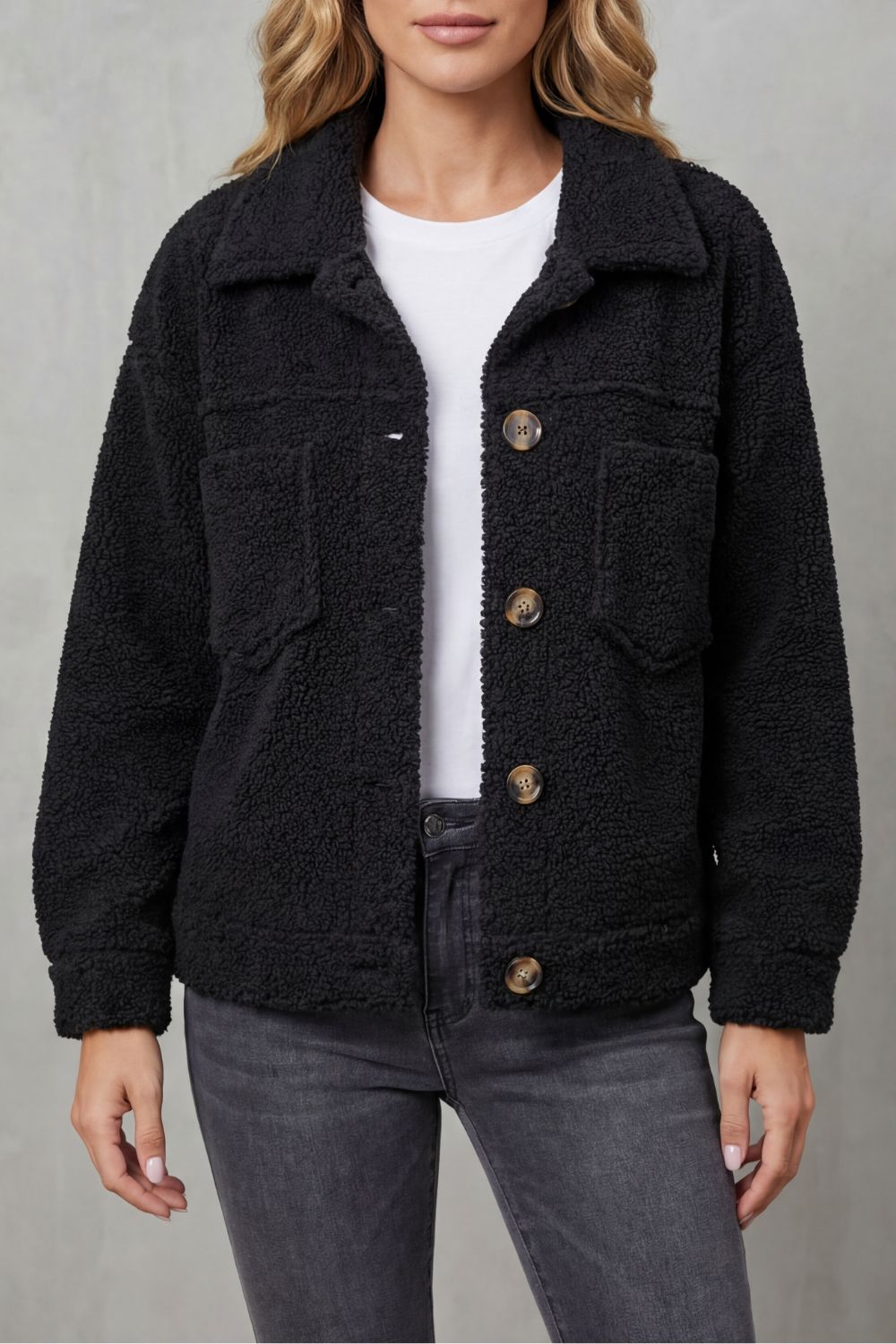 Women's Textured Fleece Button-Up Jacket – Una