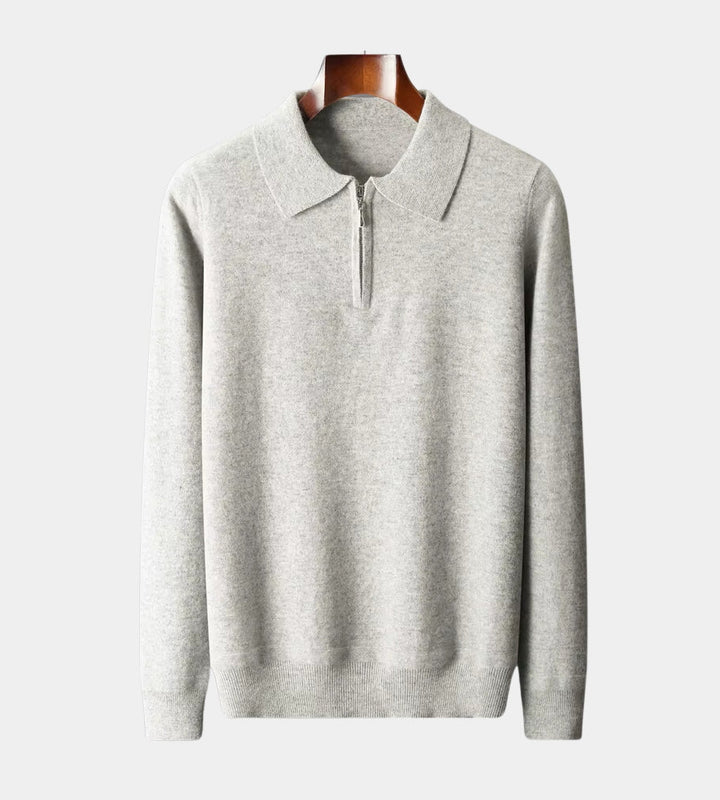 Men's grey half zip knitted polo jumper – front view on hanger