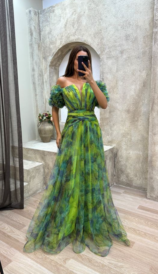 Adele - V-Neck Sheer Detail Tulle Evening Dress