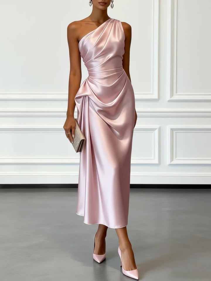 Caille - Champagne Satin One-shoulder Sleeveless Ruffled Midi Dress