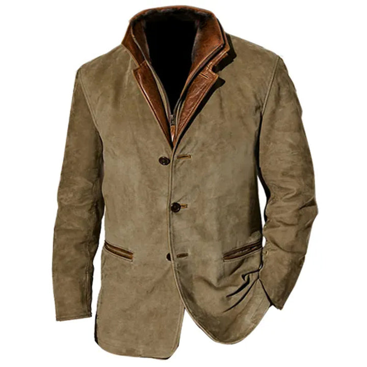 Men's Suede-Effect Fur-Look Collar Jacket Bruce in Khaki – front view
