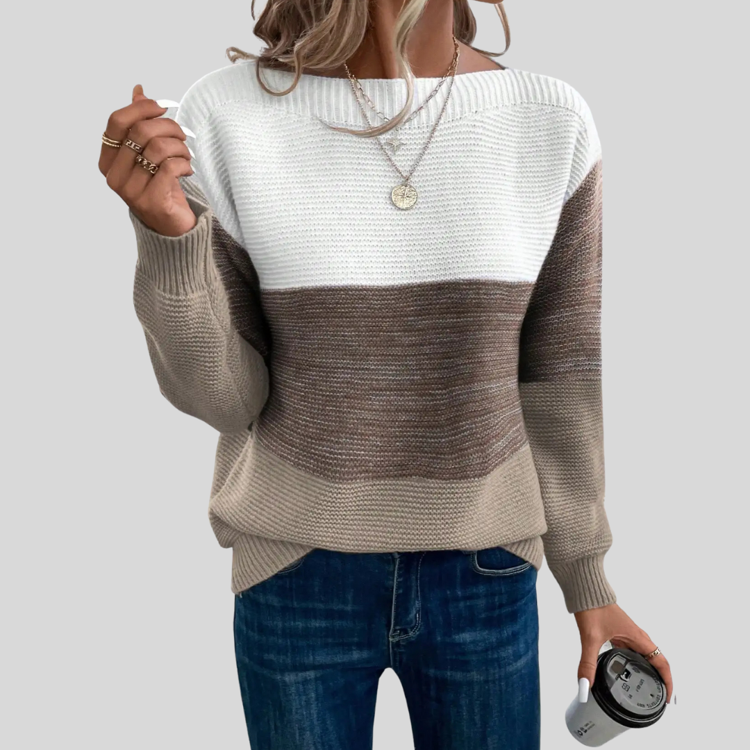 Women's Colour-Block Striped Boat Neck Jumper Cicely – Brown – front