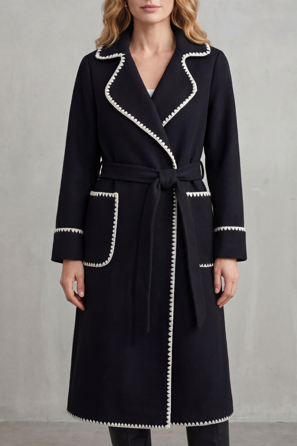 Women's Longline Belted Coat with Contrast Trim – Esme