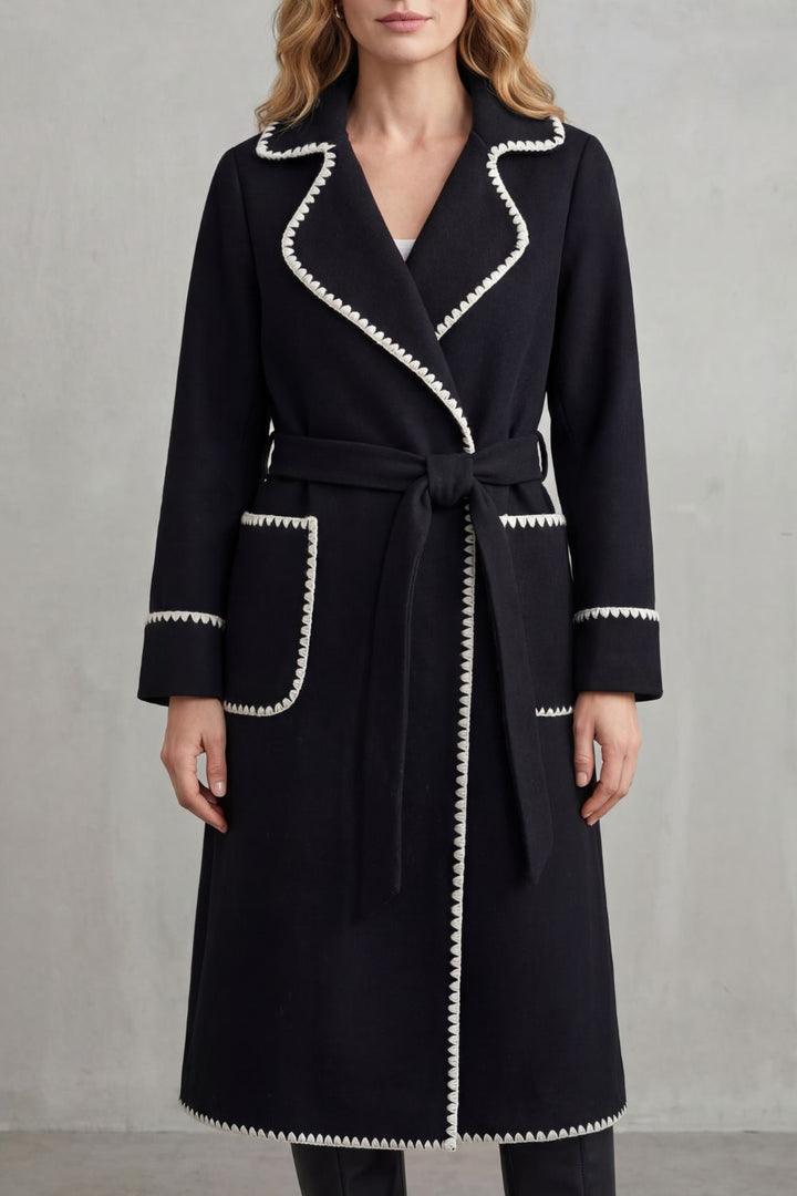 Women's Longline Belted Coat with Contrast Trim – Esme