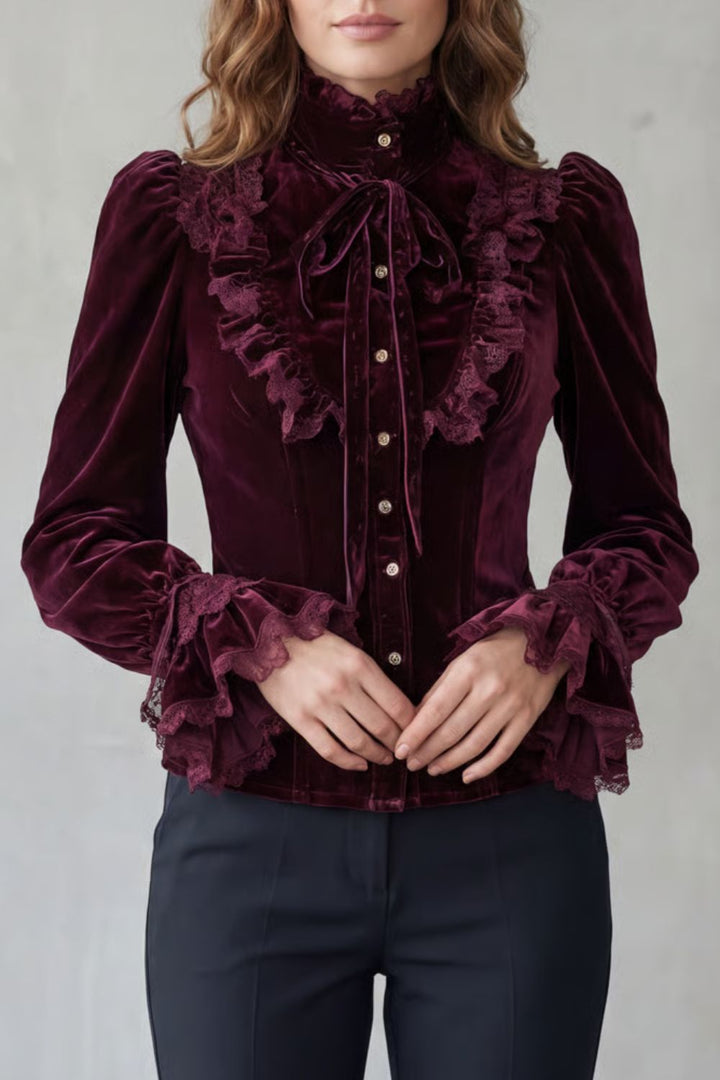 Women's Velvet Blouse with Ruffled Lace High Neck - Stellienne