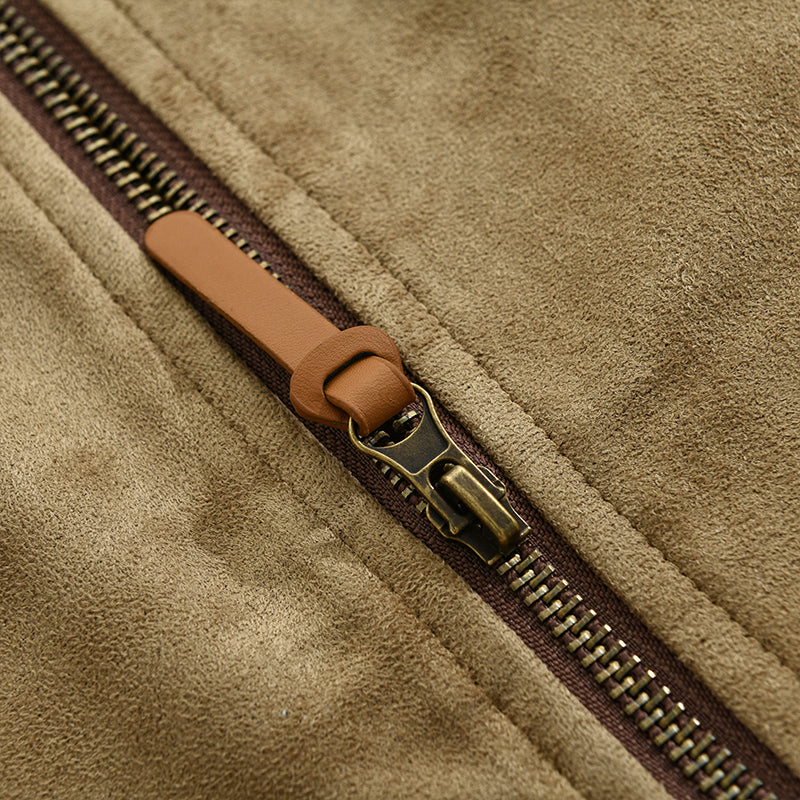 Men's Suede-Effect Fur-Look Collar Jacket Bruce in Khaki – inner zip close-up