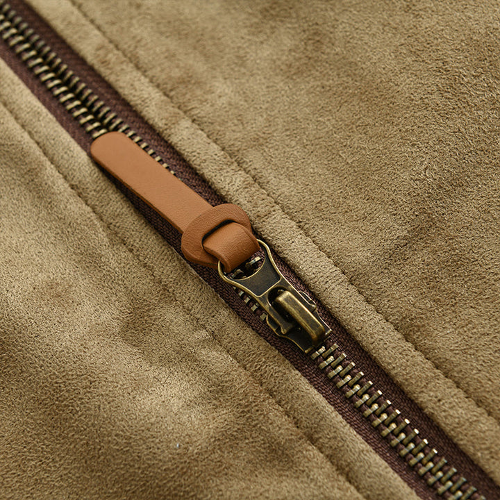 Men's Suede-Effect Fur-Look Collar Jacket Bruce in Khaki – inner zip close-up