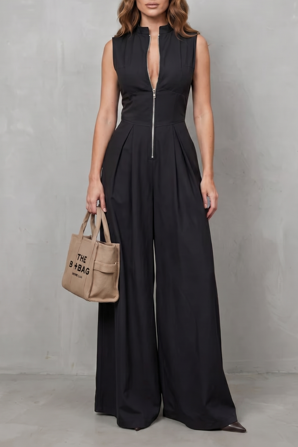 Women's Sleeveless Zip Front Wide Leg Jumpsuit - Joviane