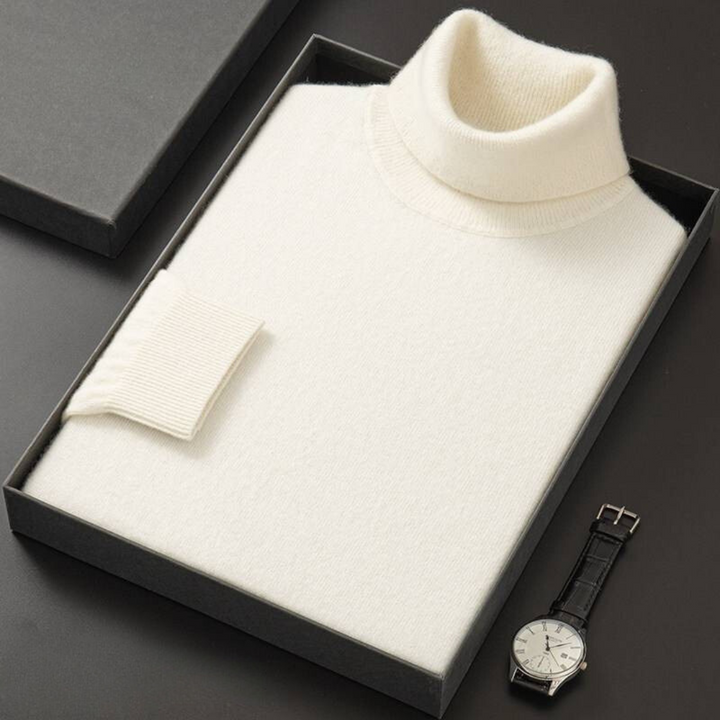 Men's fine knit roll neck jumper Zack in Natural White – folded in box