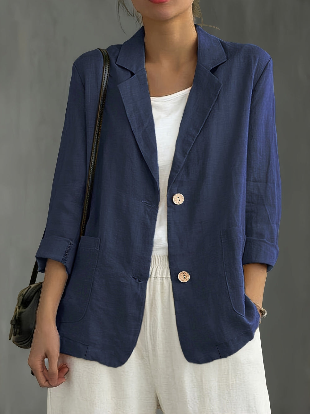 Women's Linen-Look Blazer with Patch Pockets and Rolled Sleeves – Ascot – Navy – front view