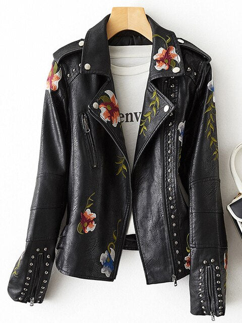 Women's embroidered biker jacket Susannah in Black – front view