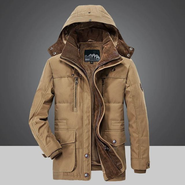 Men's Fleece-Lined Hooded Parka Kenley in Khaki – front view on grey background