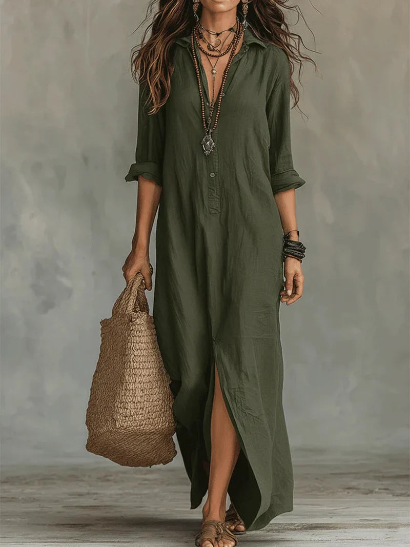 Selena™ | Black Loose Maxi Dress with Buttons
