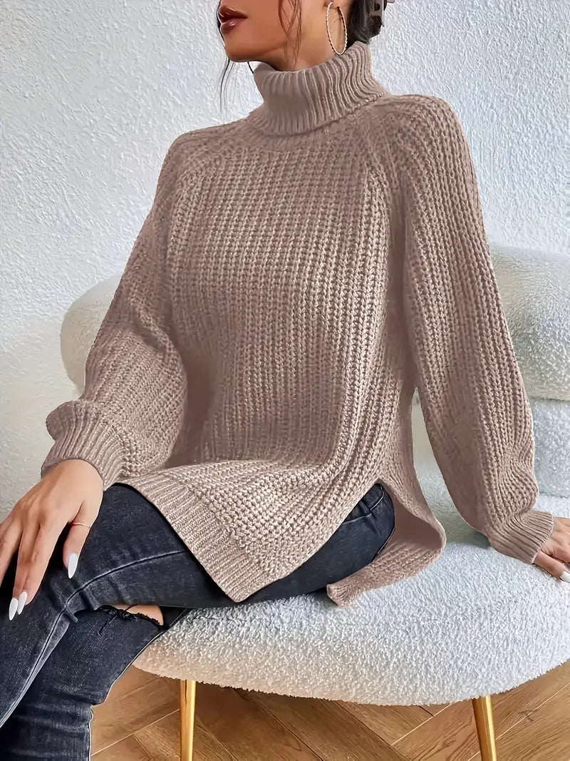 Annie - Women's chunky roll neck jumper in Mushroom – front view