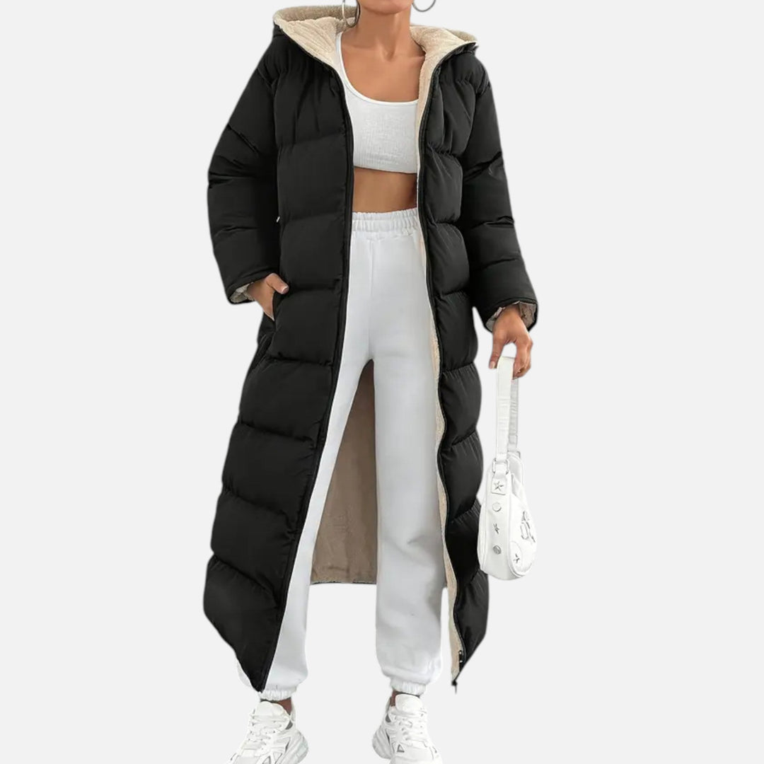 Sandsend women's longline puffer coat in Black – front view