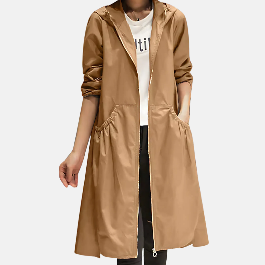 Women's hooded raincoat Zandra in Light Brown – front view