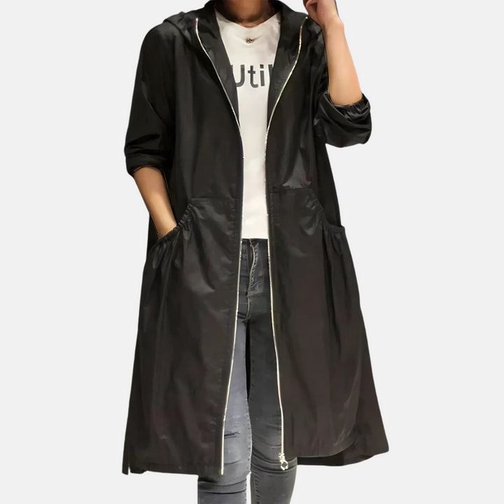 Women's hooded raincoat Zandra in Black – front view