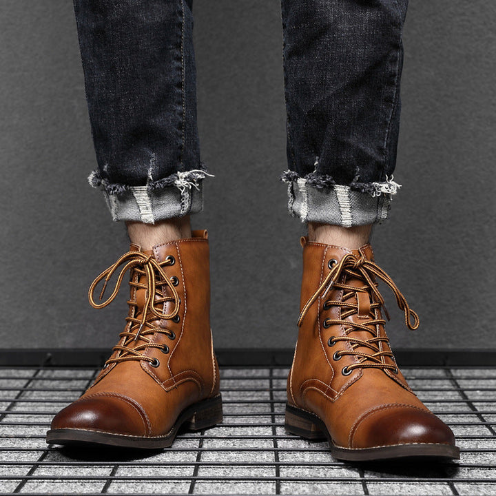 Men's toe-cap lace-up boots Christian in Saffron Brown – worn, front view