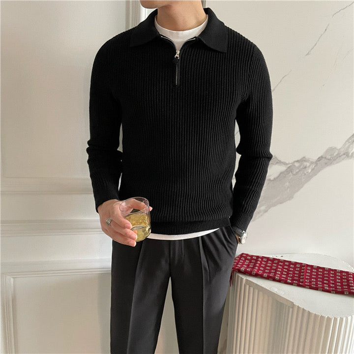 Men's waffle knit half zip polo jumper in black – Sylar – holding a glass
