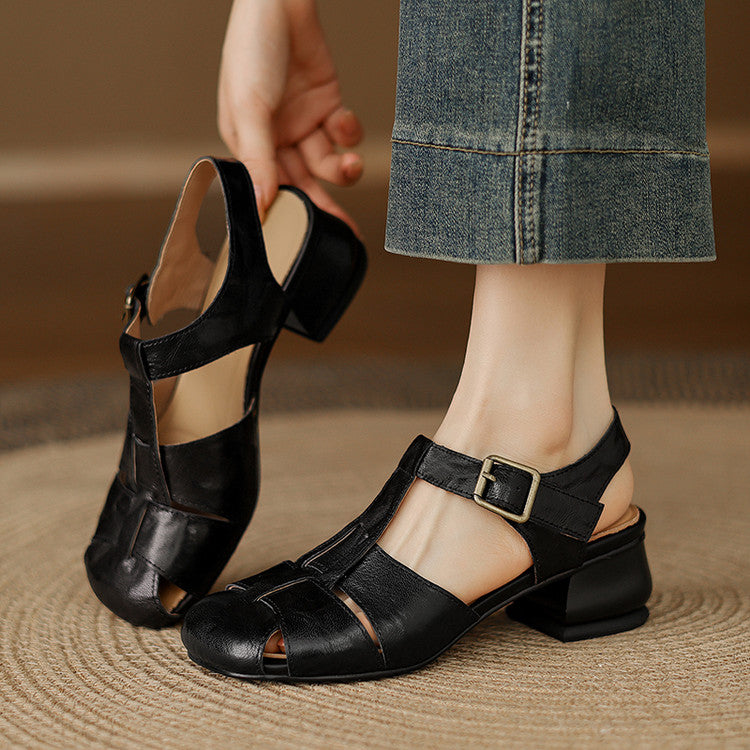 Women's Leather Block Heel Fisherman Shoes – Amaya