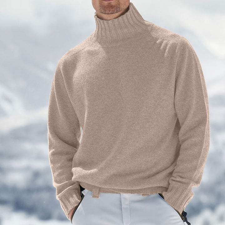 Men's Soft Knit Roll Neck Jumper – Kaius in Khaki, outdoor winter view