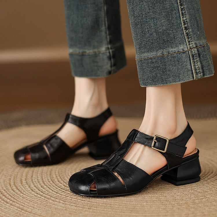 Women's Leather Block Heel Fisherman Shoes – Amaya