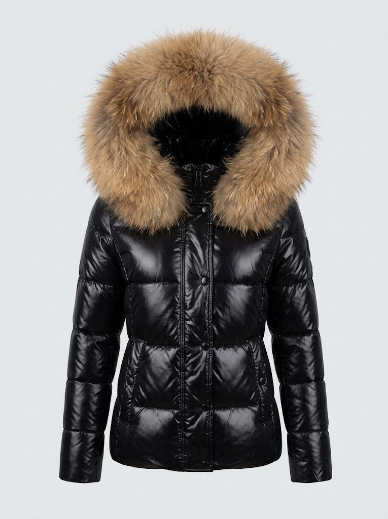 Tadcaster women's faux fur hood puffer jacket in Black – front view