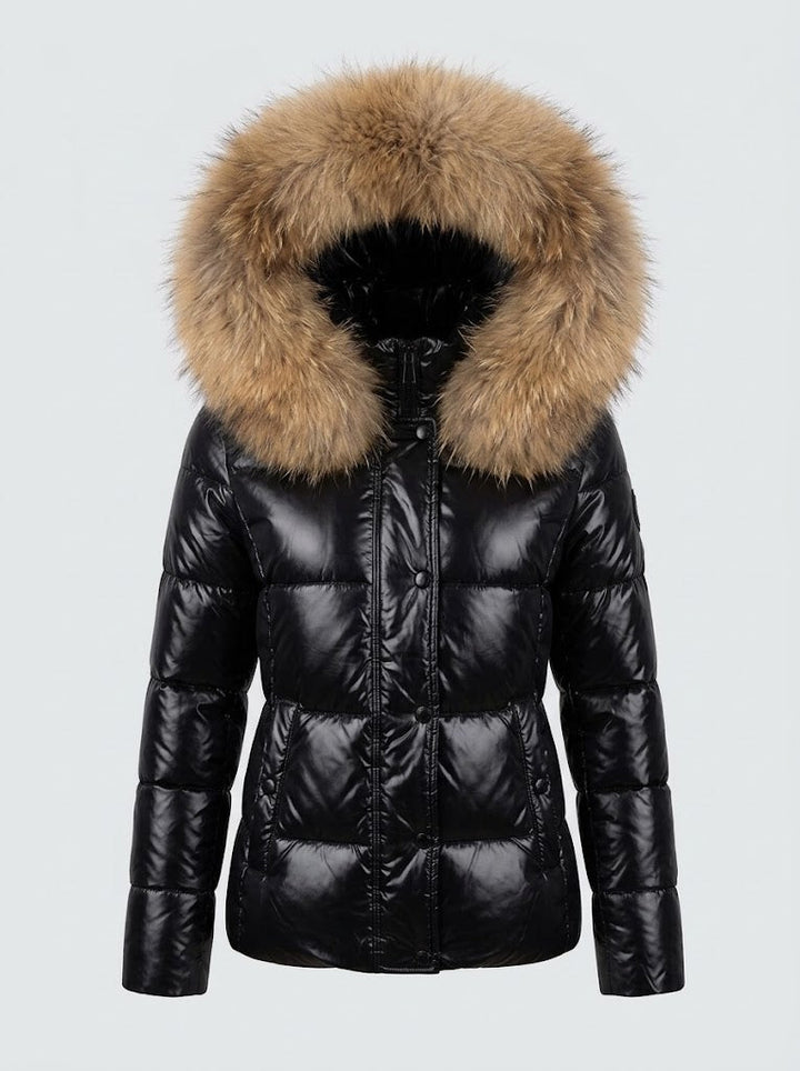 Tadcaster women's faux fur hood puffer jacket in Black – front view