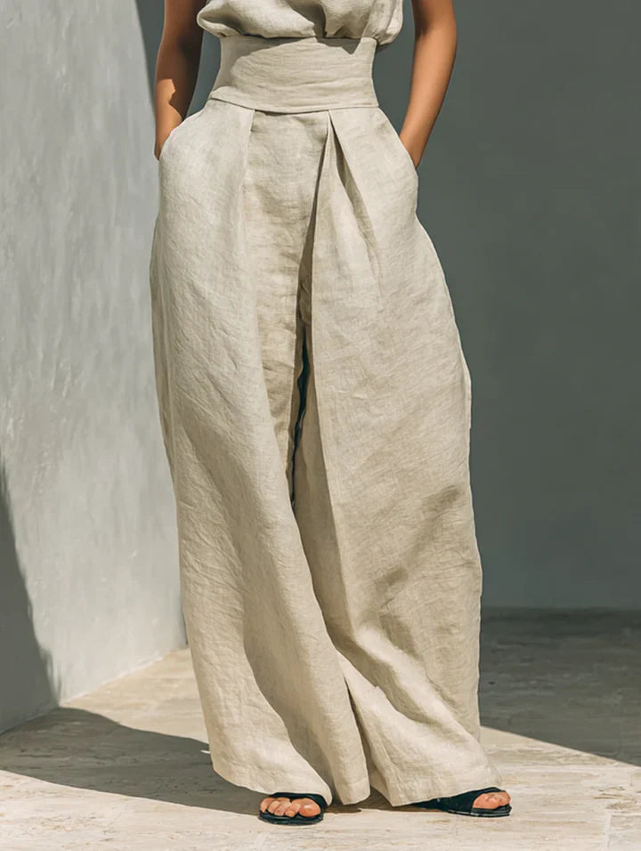 Flor™ | Minimalist Sleeveless Blouse and Wide-Leg Pants Cotton-Linen Set for Women
