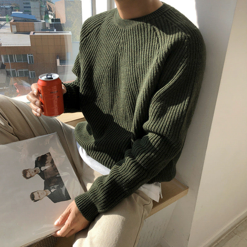 Men's Chunky Ribbed Crew Neck Jumper – Viktor in Olive Green, casual lifestyle view