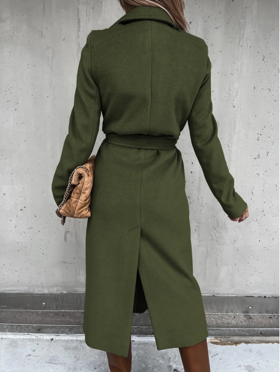 Women's belted wrap coat Lettie in Olive Green – back view