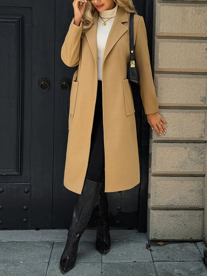 Women's belted wrap coat Romilly in Camel – open full-length view