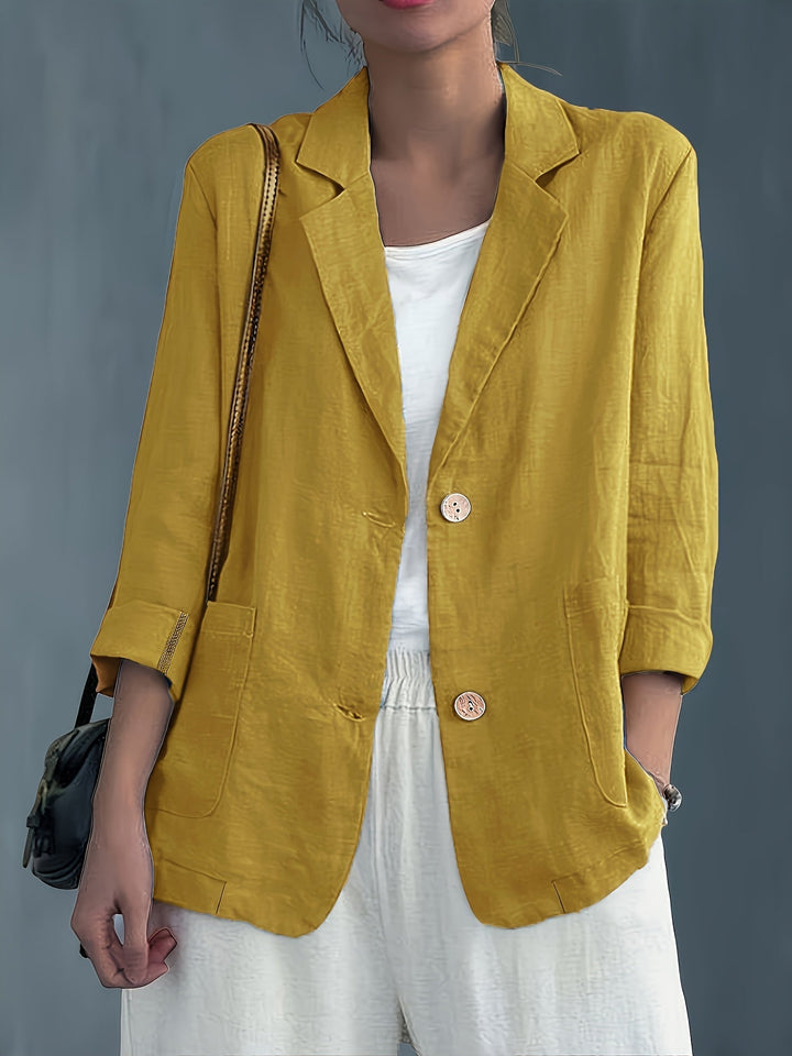 Women's Linen-Look Blazer with Patch Pockets and Rolled Sleeves – Ascot – Yellow – front view
