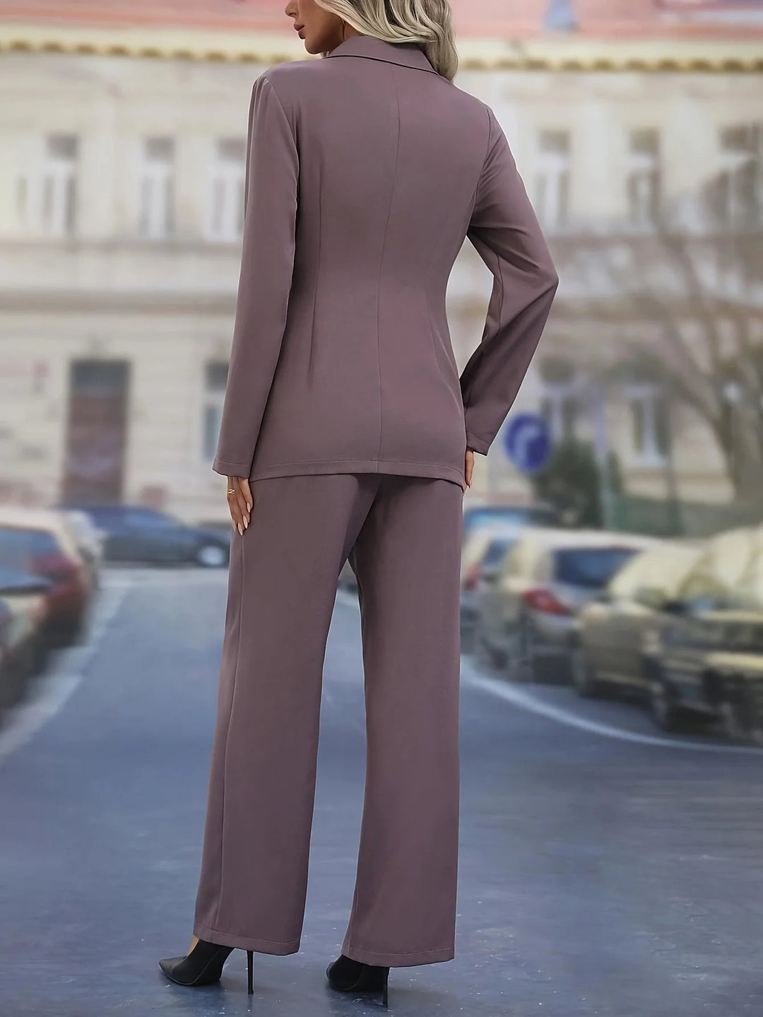 Women's Tailored Blazer Suit Set with Tie Waist Belt