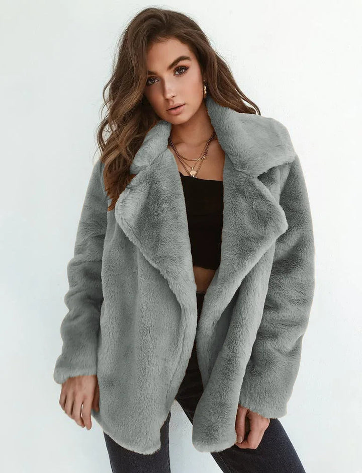 Women's Faux Fur Teddy Jacket with Wide Lapel Collar