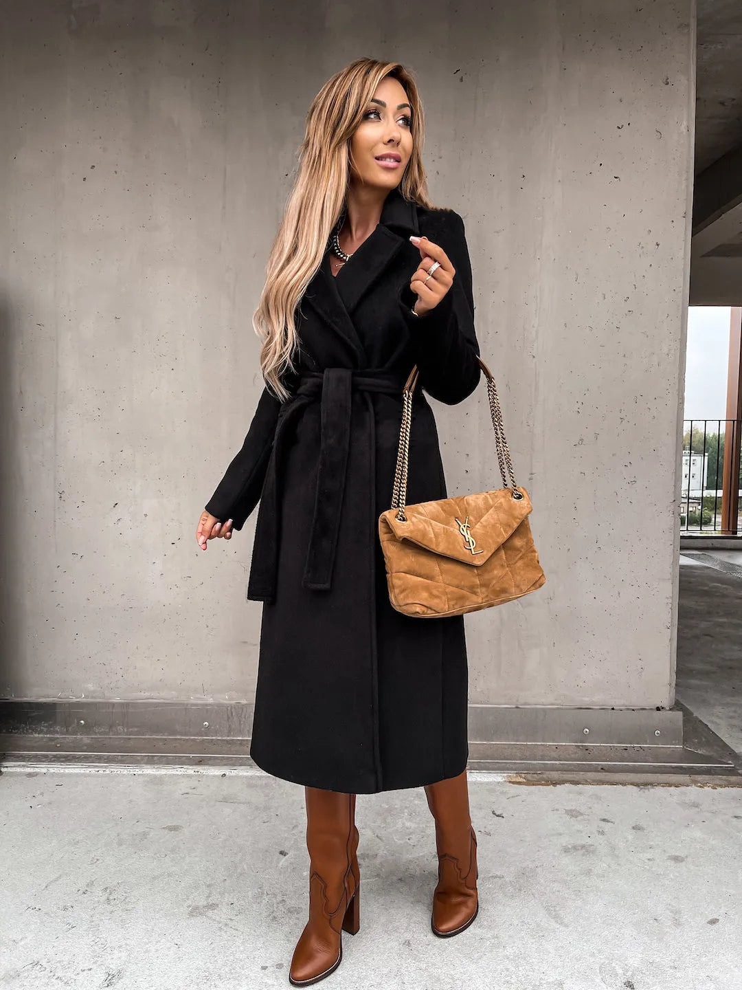 Women's belted wrap coat Lettie in Black – front view