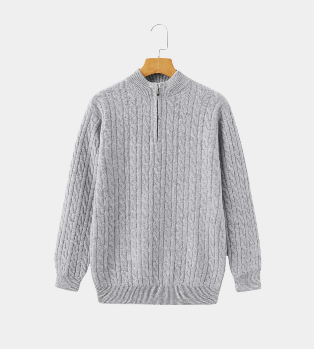 Men's grey cable knit quarter zip jumper – front view on hanger