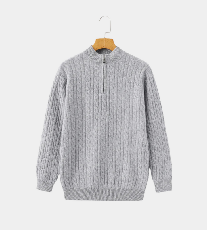 Men's grey cable knit quarter zip jumper – front view on hanger