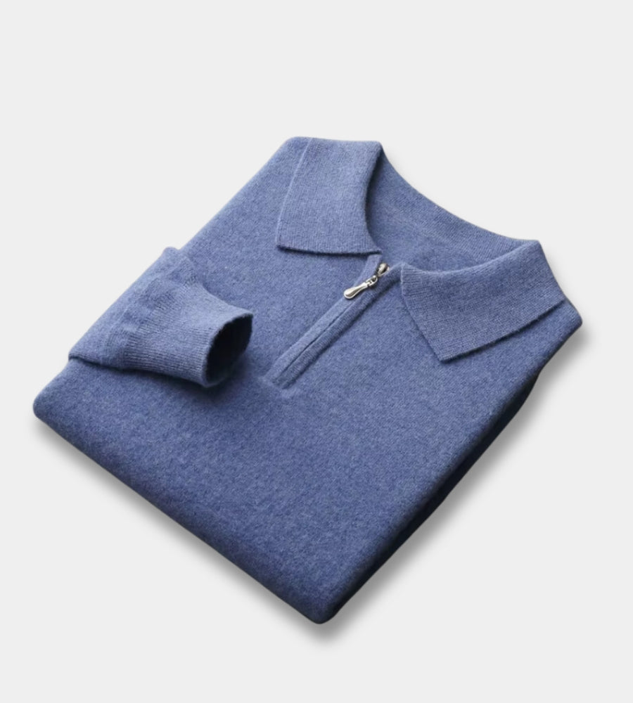 Men's blue half zip knitted polo jumper – folded