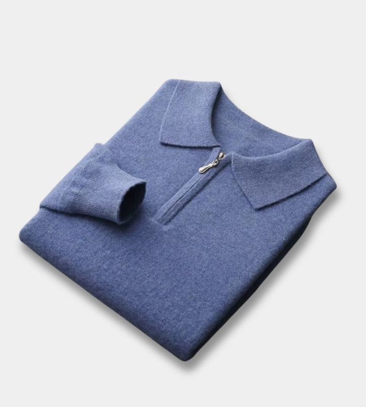 Men's blue half zip knitted polo jumper – folded
