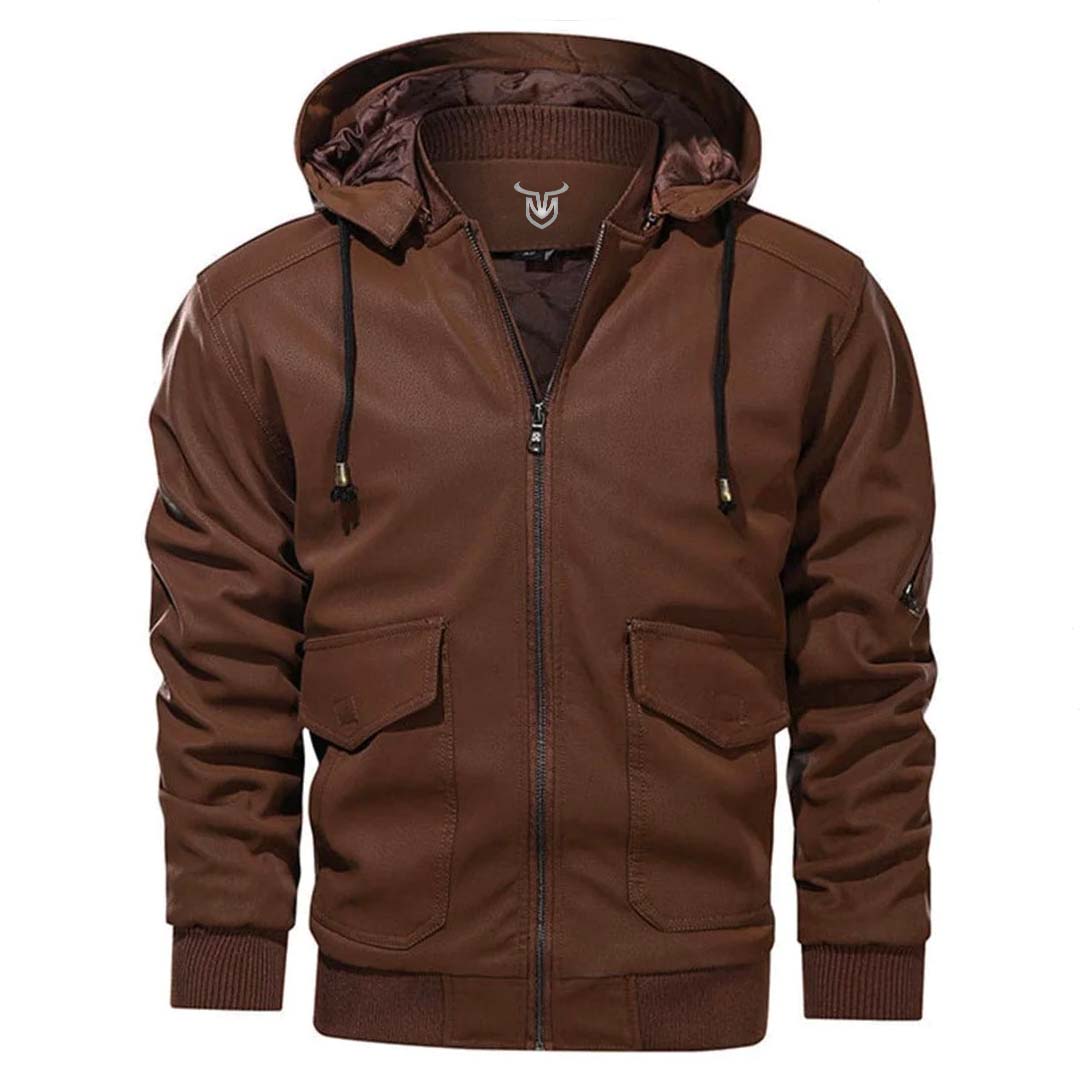 Men's hooded faux leather bomber jacket Highway in Brown – front view