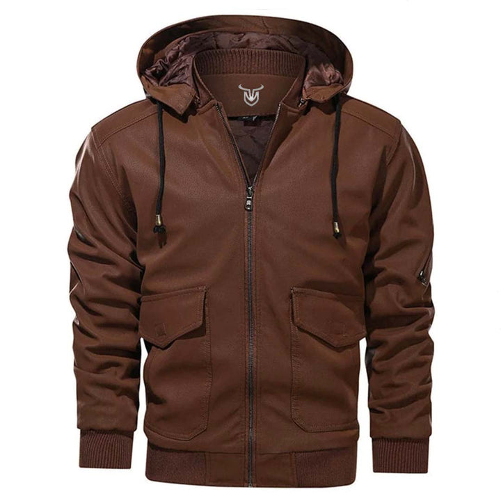 Men's hooded faux leather bomber jacket Highway in Brown – front view