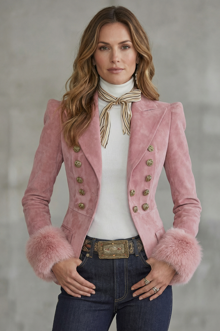 Women's Slim Fit Suede Blazer with Faux Fur Cuffs - Valmonde