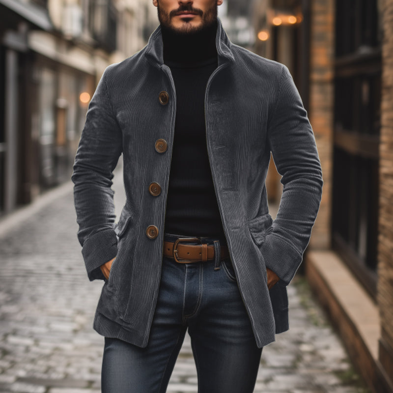 Men's corduroy coat Dorrington in Grey – single-breasted style, worn outdoors