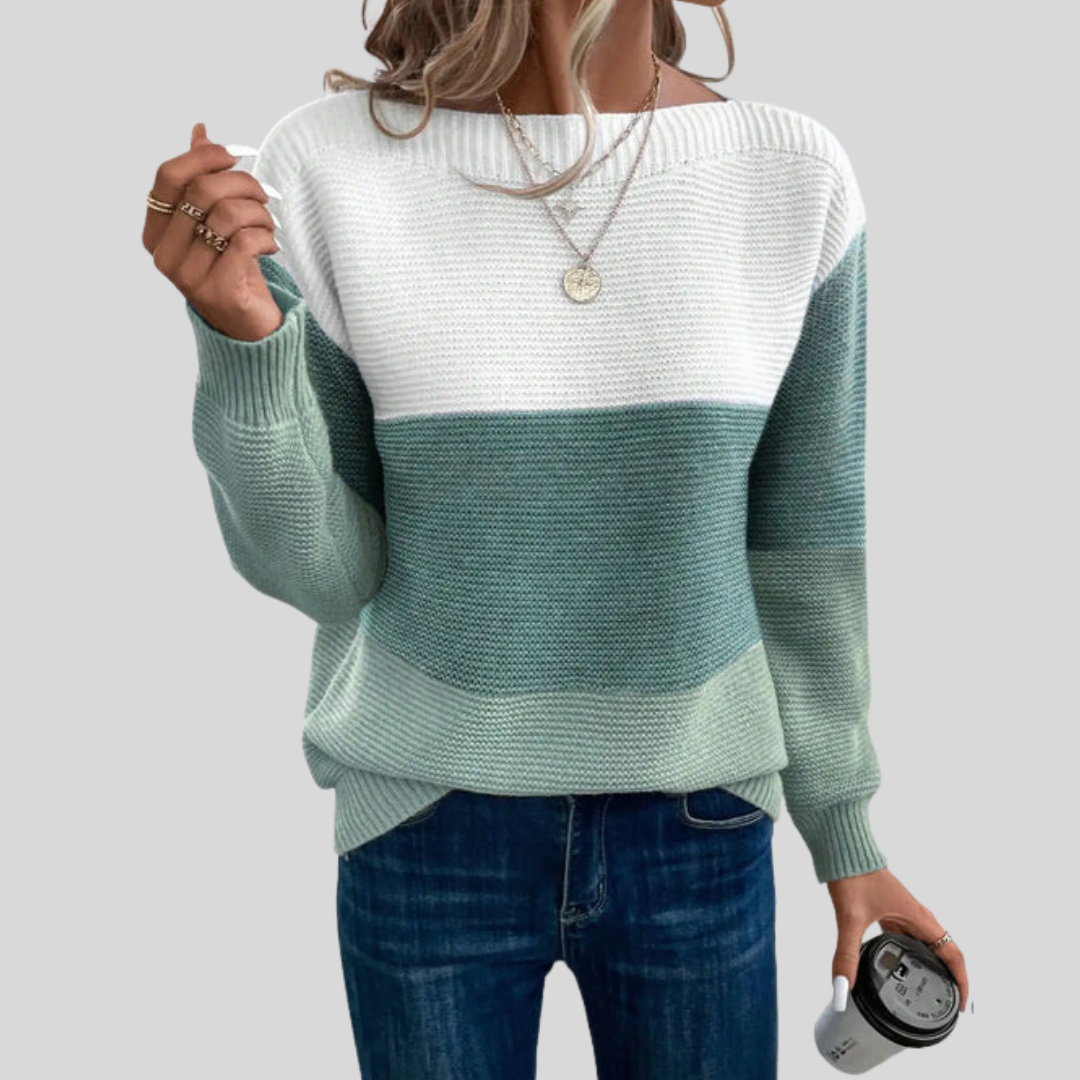 Women's Colour-Block Striped Boat Neck Jumper Cicely – Sage – front